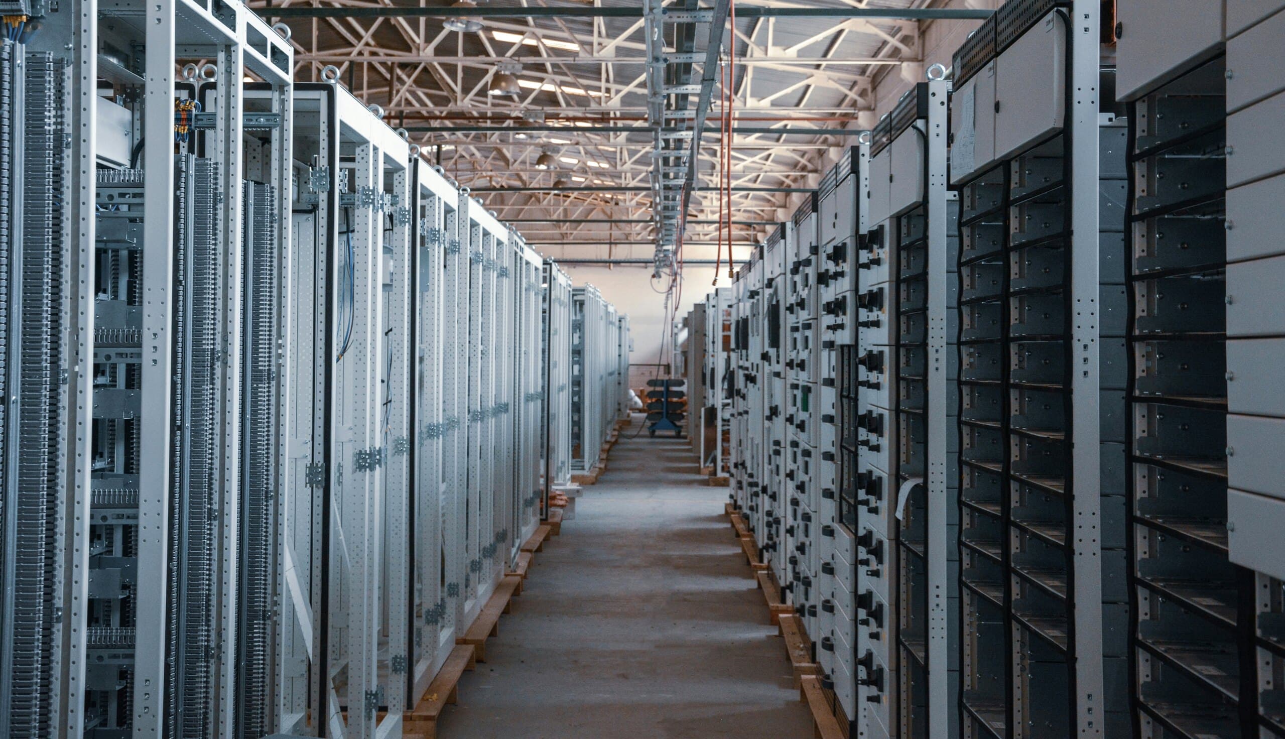 Rows of low voltage switchgear and motor control cabinets
